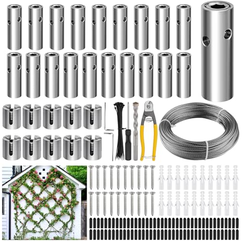 185-Piece Stainless Steel Trellis for Climbing Plants, Kalolary 30 M Stainless Steel High Performance Trellis Set Wall Climbing T316 Steel Wire Rope Cross Clamps Trellis System Set for Flowers Vines