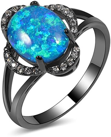CYWNA Blue Fire Opal Ring 14KT Black Gold Filled Wedding Gemstone Ring Size 7
