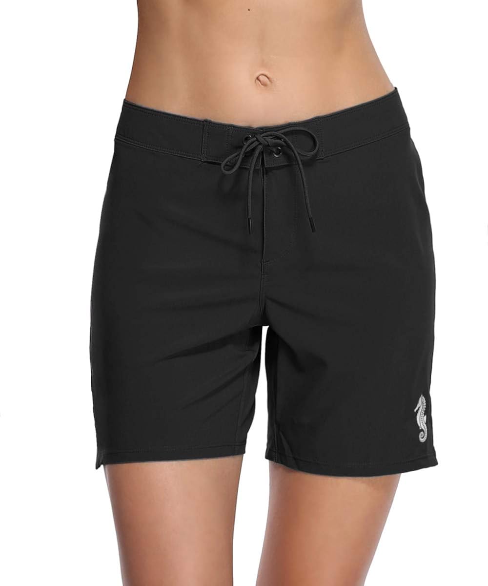 eulo Women's Long Board Shorts High Waisted Swim Bottoms Rash Guard Swim Short Black