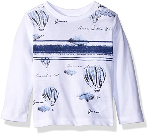 GUESS Baby Boys' Long Sleeve Hot Air Balloon Graphic Tee Shirt, True White, 24M