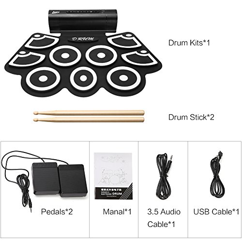 Lujex 9 Pad Roll Up Drum Kit Portable Electronic Drum Set Percussion Instrument with Speaker Can Be Connected to Computer