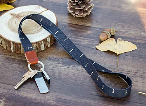 SENLLY Classic Black Neck Lanyard Premium Quality Wristlet Strap with Metal Ring and Genuine Leather, for Key Chain, Camera, Cell Mobile Phone, Charms, Lightweight Items etc