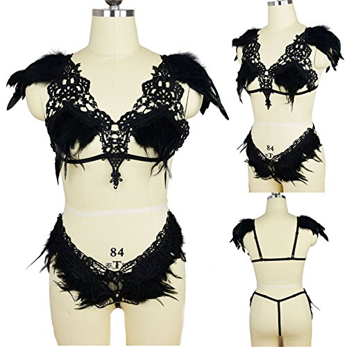 Women Sexy Full Feather Epaulette Harness Strappy Bra Cage Lingerie Cosplay Exotic Gothic Top Elastic Adjustable Plus Size