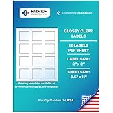 Premium Label Supply Glossy Clear Sticker Square Labels – 2" x 2" – Laser/Inkjet Compatible – (12 per Sheet), 10 Sheets – 120 Total Adhesive Labels
