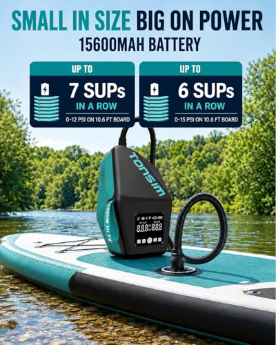 Tonsim Electric Paddle Board Pump Rechargeable 20 PSI, 15600mAh Cordless SUP Pump with 4 Modes, Dual-Stage Inflation & Deflation, Auto-Off, 12V DC Car Connector, LED Light, Black