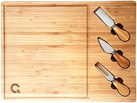 CasaQoqo Large Cheese Board Cutting Set with Knives and Tools. 100% Natural Bamboo. Good for Bread Cutting and Perfect for Gift. 15.5" x 12" x 0.75" Large Size