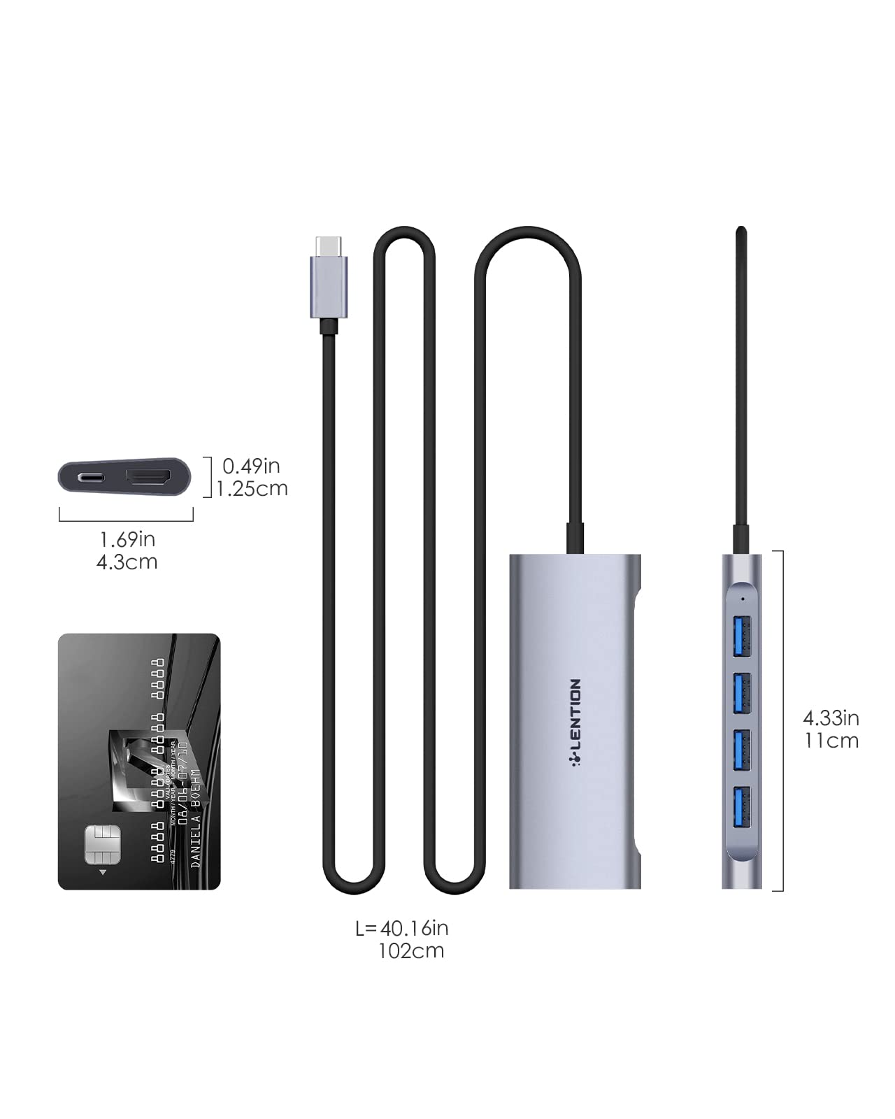 LENTION 3.3FT Long Cable USB C Multiport Hub with 4K HDMI, 4 USB 3.0, Type C Charging Compatible 2024-2016 MacBook Pro, New Mac Air/iMac/Mac Mini, More, Stable Driver Adapter (C35-1M, Space Gray)