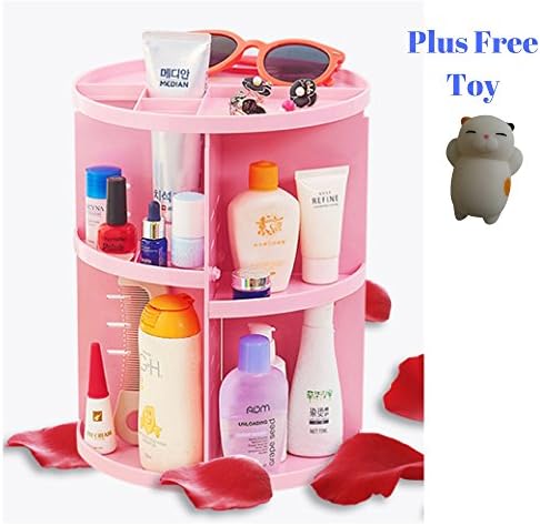 Qualitrusty Rotating Organizer With Free Squishy Slow Rising Toy - Adjustable Makeup and Desk Accessories Storage Holder with Large Capacity, Makes Your Table Clean and Organized (Pink)