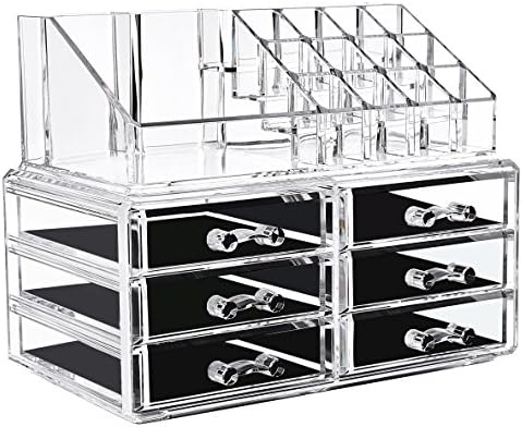 Acrylic Makeup Organizer Jewelry & Cosmetic Storage Box, 6 Drawers and 1 Makeup Display Holder, 2 Pieces Stackable, Detachable, Clear, Medium