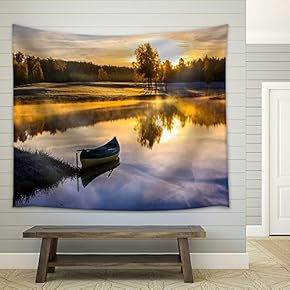 Sunrise Over The Lake with a Boat - Fabric Wall Tapestry Home Decor - 51x60 inches