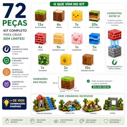 Blocos de Montar Magnéticos 72 Peças Infantil – Kit Construção Criativa 3D Educativo, Estimula Coordenação, Imaginação e Raciocínio – Brinquedo Interativo para Crianças