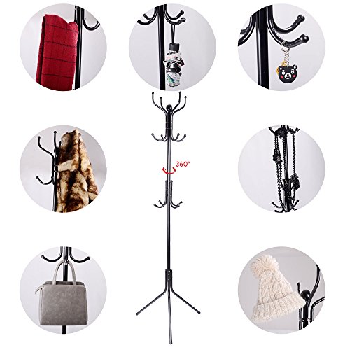 12-Hook Standing Coat Hat Rack Metal Umbrella Stand, Black CR12