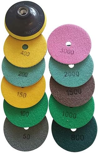 4" Diamond Polishing Pads with Buffer, 10 Pieces Set Plus 1 Backer Pad, Wet Sander Pads with Grit 50 to 3000 Grinder Pads for Granite Concrete Marble Stone Refinishing