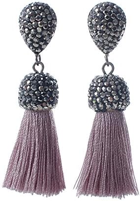 Women's Dangle Drop Short Tassel Earrings with Shell Pearl Black Rhinestone Top (Gray Red with WB)