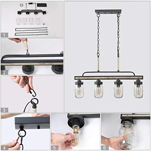 LOG BARN Rustic Mason Jar Pendant Lighting for Kitchen, 4 Lights Farmhouse Chandelier in Distressed Faux Wood and Dark Grey Metal Finish, 30" Large Dining Room Linear Lighting