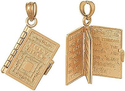 14k Rose Gold Religious Charm Pendant, 3-D Holy Bible Book with Lord's Prayer, Moveable Page