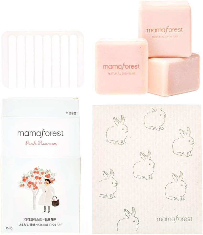 Mamaforest Non-Irritant, Skin Soothing, Eco-Friendly, Zero Waste, Plastic Free, Sustainable Dishwash Soap Bar with Coconut Oil, Argan Oil, Sugar & Salt | Natural Dish Bar (Pack of 3) w/Silicone Tray, Dishcloth