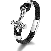 Aprila Men Leather Braided Viking Bracelet,Thor's Braided Wristband Gothic Punk Cuff Stainless Steel Buckle Bracelet for Men,21CM/8.2"