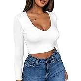 XXTAXN Women's Sexy Bodycon Basic Scoop Neck Long Sleeve Slim Solid Color Crop Top