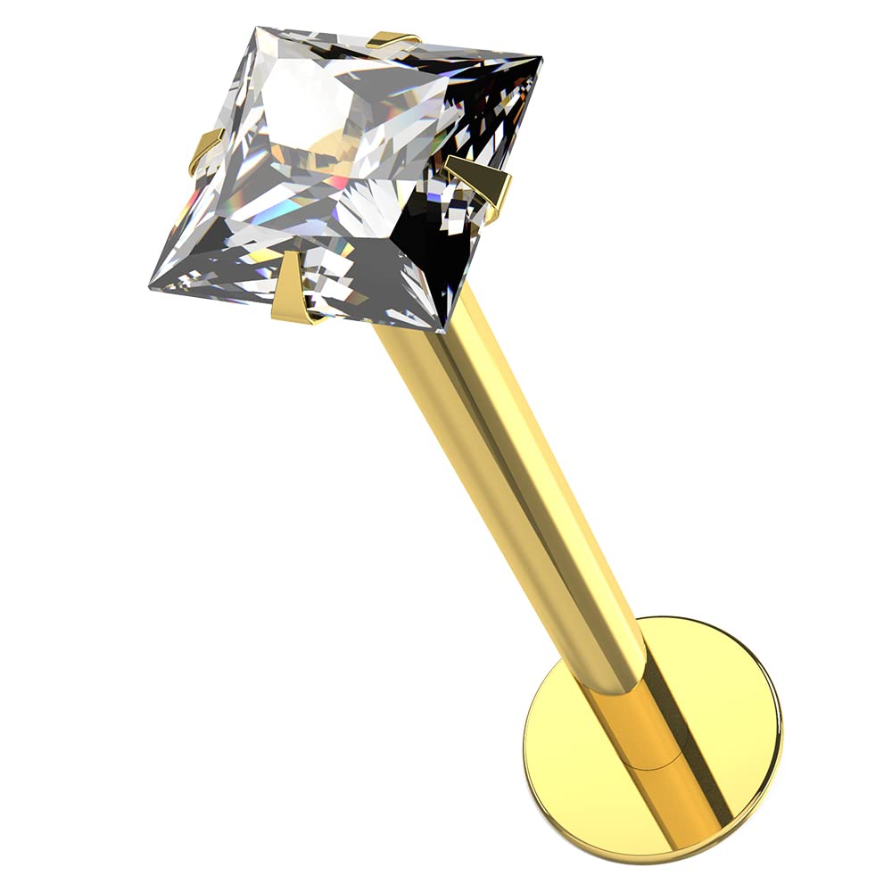 AZARIO LONDON 9K Solid Yellow Gold Claw Set 3MM Square CZ Stone Push Fit Top 16 Gauge Hollow Lip Labret Tragus Bar Piercing Jewellery