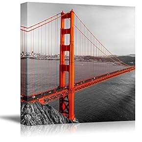 Black and White Photograph with Pop of Color on The Golden Gate Bridge - Canvas Art Home Art - 12x12 inches