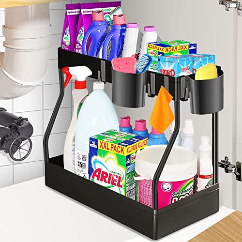 BIAOQINBO 2 Etagen Spülschrank Organizer,Unter Waschbecken Regal Küchen Organizer mit 4 Haken und 2 Tasse Gewürzregal Organizer Küchenregal für Küche,Spülbecken,Bad,Schrank
