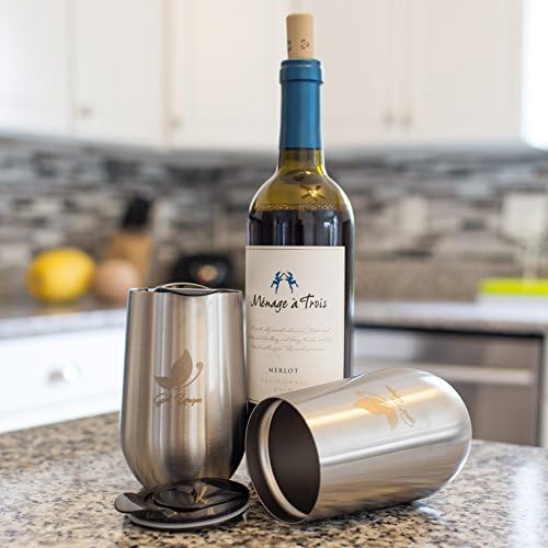 Set of Two 16 Oz Stainless Steel Stemless Wine Glasses with Fitting Cap - - Unbreakable Double Walled Design Keeps Wine Cool, Dishwasher Safe and Free from BPA