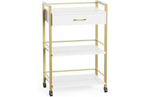 Salon Trolley Cart with Wheels, Wooden Rolling Storage Station, Mobile Utility Cabinet with 1 Drawer 2 Trays, Medical Esthetic Supply for Beauty SPA Massage Tattoo Facials, White Gold