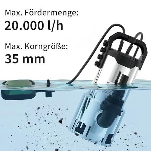 LANCHEZ Stainless Steel Submersible Dirty Water Pump 1100 W, 20,000 l/h, Discharge Head 11 m, Max Permeable Particle Size: 3.5 cm, Adjustable Float Switch, Thermal Protection, for Pool, Chuck, Garden