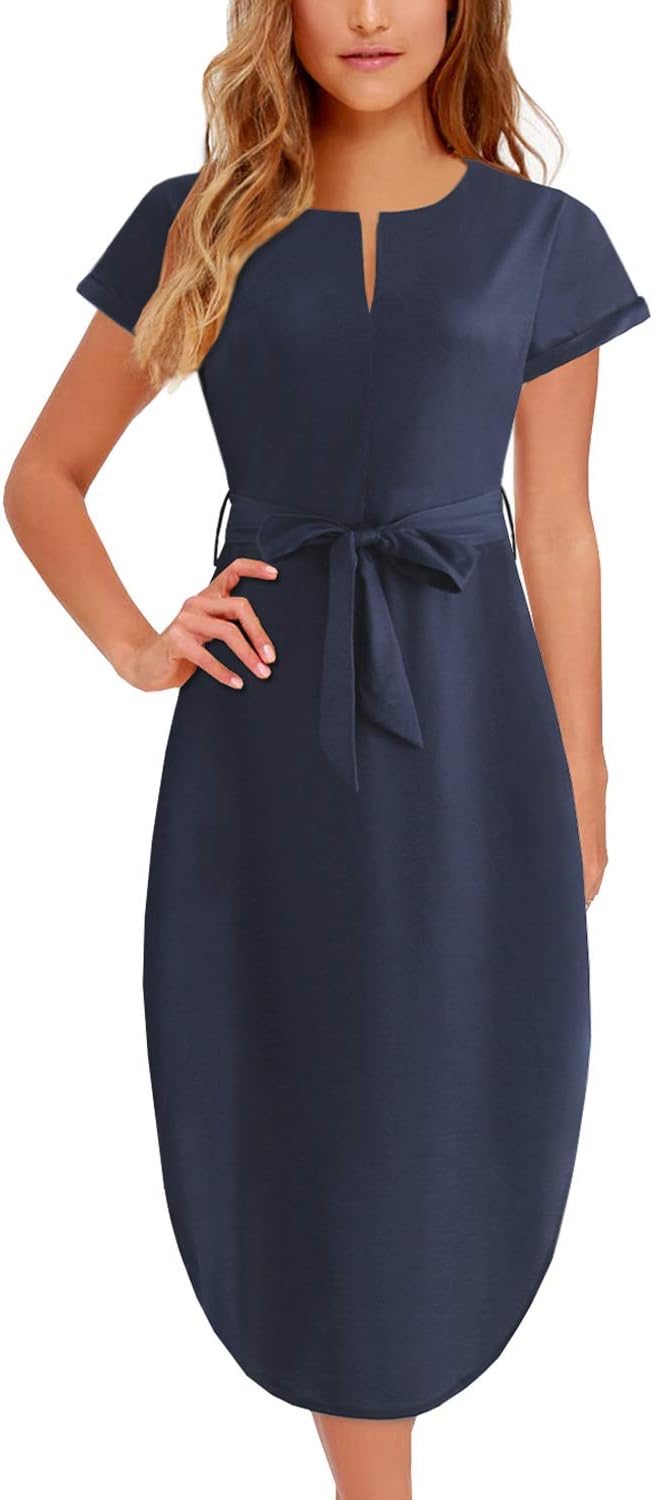 Women's Midi Dresses Side Slit Floral Print Loose Casual Long Dress with Belt BK318 (S, Navy Blue)