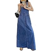 chouyatou Women's Adjustable Strap Distressed Denim Overall Dress A-Line Back Split Pinafore Bib Jean Dress