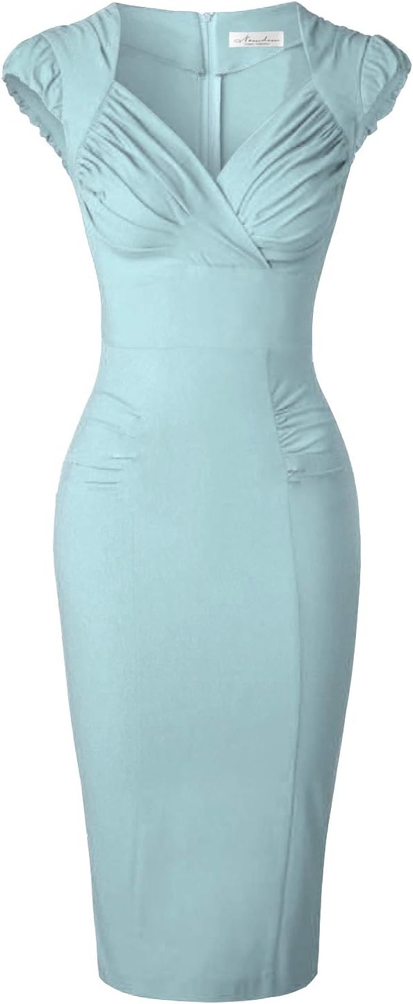 Newdow Lady's 50s Vintage V Neck Cap Sleeve Pencil Dress (X-Large, Light Grey)