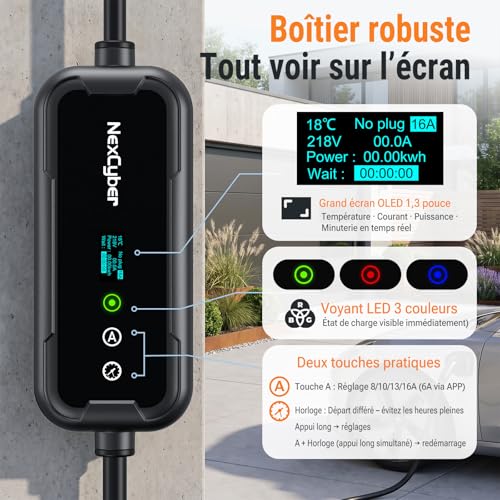 NexCyber 3.68kW Mobile Electric Car Charger with App & OLED, 5.6M Single Phase 230V, 8-16A Adjustable, CEE 20A Socket 2 Pole IP66+FI, Type 2, Wall & Portable, for Model 3/Y, ID.3, etc. BEV/PHEV
