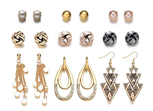 9 Pairs Pearl Knot Studs & Geo Dangle Earrings Set by Onnea