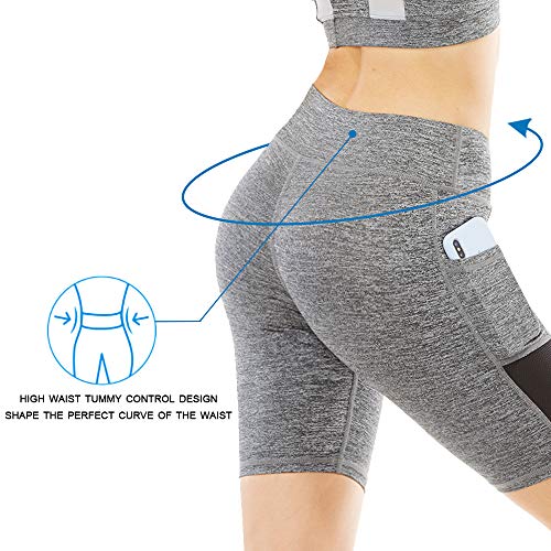 YASEN ART Women\'s Compression Workout Shorts with Side Pockets Tummy Control High Waist Yoga Shorts Athletic Running Shorts Grey