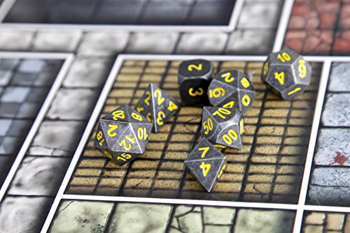 Forged Dice Co. Metal Iron Silver with Yellow Numbers Set of 7 Polyhedral Dice with Dragon Logo Tin Case Compatible with RPG games like Dungeons and Dragons, DnD, and Pathfinder