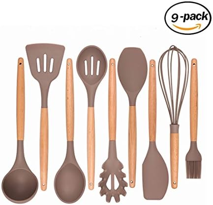 Kitchen Utensils - Cooking Utensil - 9-piece Silicone Utensil Set Spatula Set with Beech Wood Handle - for Nonstick Pots Pans Utensil Set - Kitchen Tools and Gadgets (utensil set)