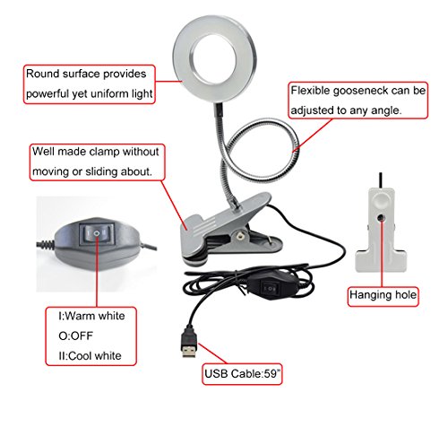 6W LED Clip on Reading Light,Rechargeable Book Light with USB Port for Bed Headborad Desk Laptop Piano,Eye-care 2 Light Color Switchable,Adapter Included(Black)