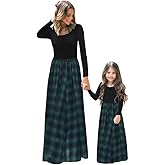 PopReal Mommy and Me Maxi Dresses Casual Floral Printed Plaid Long Sleeve with Pockets