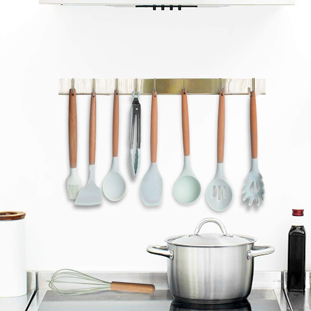 Silicone Cooking Utensils with Holder, Kitchen Utensil Set,Yostyle 9-Piece Cooking Utensils & Spatulas Set with Bamboo Wood Handles for Nonstick Cookware, Utensils Holder Included(BPA Free)