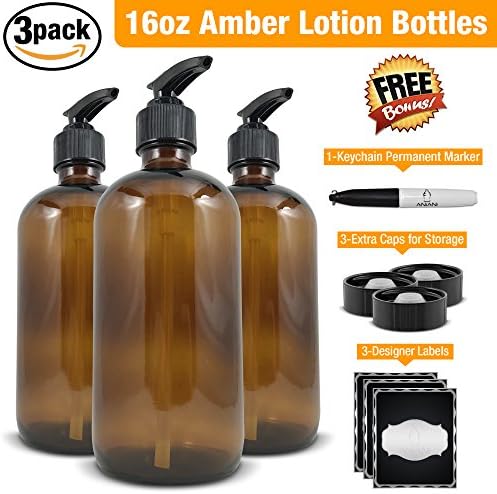 Empty Amber Glass Lotion Bottle-Large 16 oz Refillable Container for Lotion, Soap, Shampoo, &amp; More-Black Lotion Pump-3 PackBonus Free Caps, Designer Labels, Key-Chain Marker, &amp; Money Saver eBook