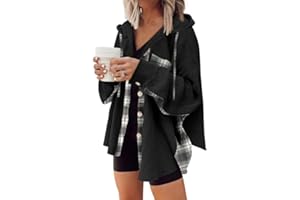 SHEWIN Womens Waffle Knit Plaid Shacket Boyfriend Button Down Shirt Hooded Jacket Loose Long Sleeve Tops