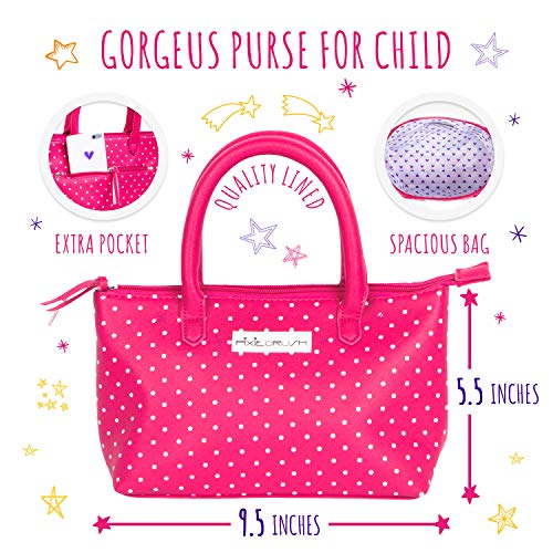 PixieCrush Deluxe Pretend Play Kid Purse Set for Girls with Handbag, Pretend Smart Phone, Keys, Pretend Makeup, Lipstick - Interactive & Educational Toy (Pink Polka Dot)