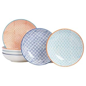 Nicola Spring 6 stuks Hand Printed Pasta Bowl Set – Japanse stijl Porcelain Serving – 3 kleuren – 22cm