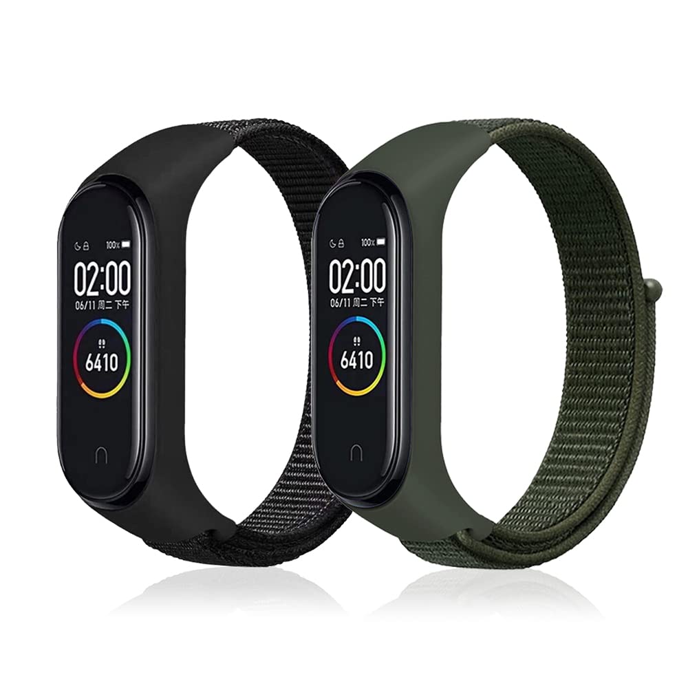 Niboow Strap Compatible with Xiaomi Mi Band 6/Mi Band 5/Mi Band 4/Mi Band 3/Amazfit Band 5, Nylon Soft Watch Band for Xiaomi Mi Band 6/Mi Band 5/Mi Band 4/Mi Band 3/Amazfit Band 5- Black+Green
