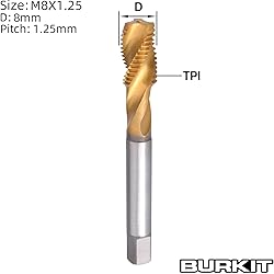 Burkit 2pcs M8 X 1.25 Spiral Flute Tap, HSS