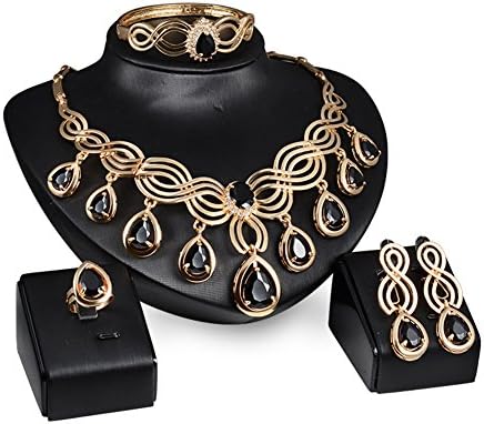 Oudin Women's Gold Plated Base Black Agate Jewelry Set Necklace Bracelet Ring Earrings (4pc Black)