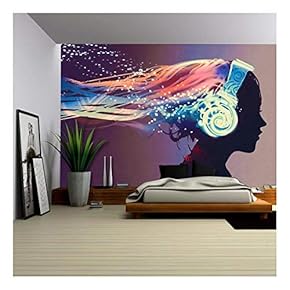 BRAND_NAMEWoman with Magic Glowing Headphones on Dark Background Illustration Painting