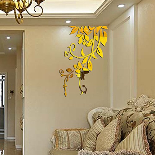 Rumas 3D Mirror Flower Wall Stickers for Living Room - DIY Home Decor for Bedroom Kitchen Kids Room - Removable Wall Murals Wall Decals - Silver Black Gold (Gold) - Thumbnail 2