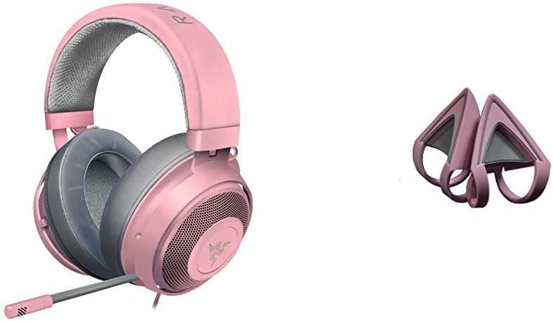 Razer Kraken Gaming Headset + Kitty Ears Bundle: Lightweight Aluminum Frame - Retractable Noise Cancelling Mic - for PC, PS4, Nintendo Switch - Quartz Pink
